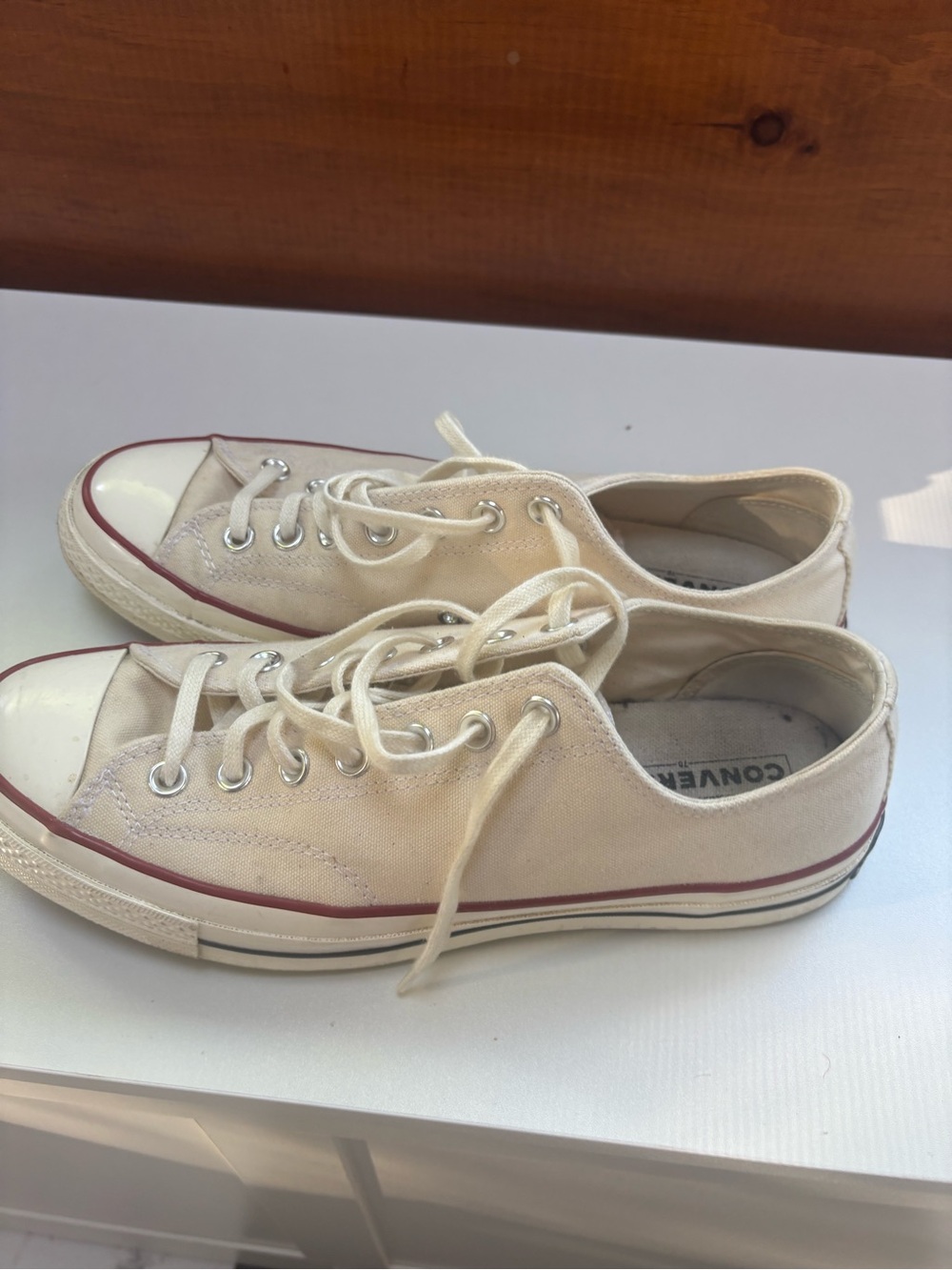 Converse Low Top Canvas Sneakers in Cream with Red Stripe